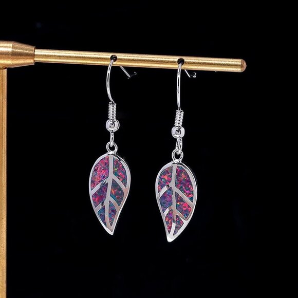 18K White Gold Plated Leaf Opal Dangle Drop Earrings for Women Teen Girls Hypoal - Picture 5 of 8